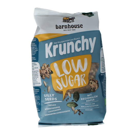 Barnhouse Muesli Silly Seed Bio breakfast cereal in a 375g package, with colorful cereal flakes and seeds visible in the image.