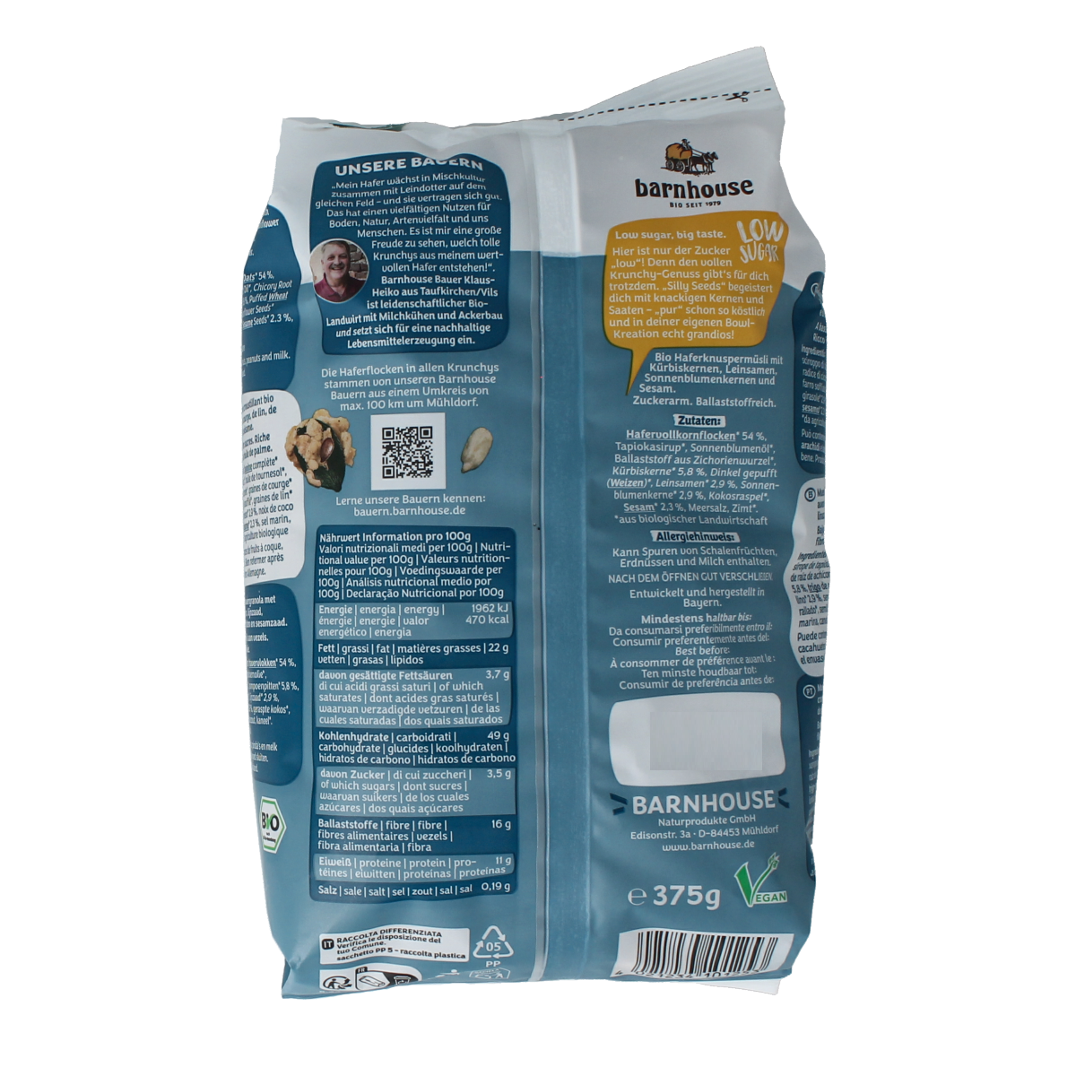 Barnhouse Silly Seed Bio muesli in a 375g package, natural whole grain breakfast cereal with seeds and grains.