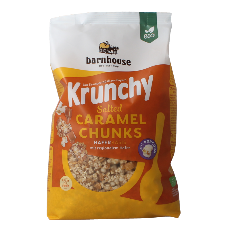 Barnhouse bio caramel granola in a 500g package, natural breakfast cereal with crunchy oats and sweet caramel flavor.