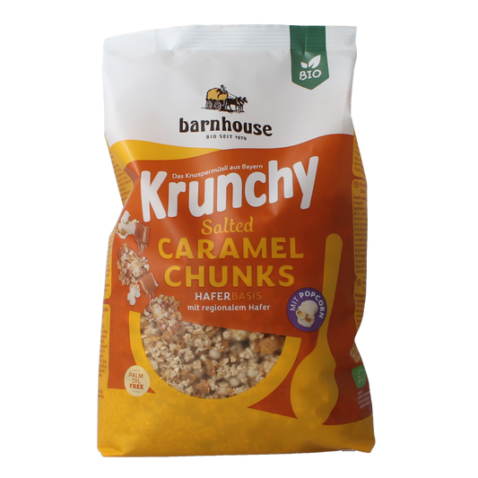 Barnhouse bio caramel granola in a 500g package, natural breakfast cereal with crunchy oats and sweet caramel flavor.