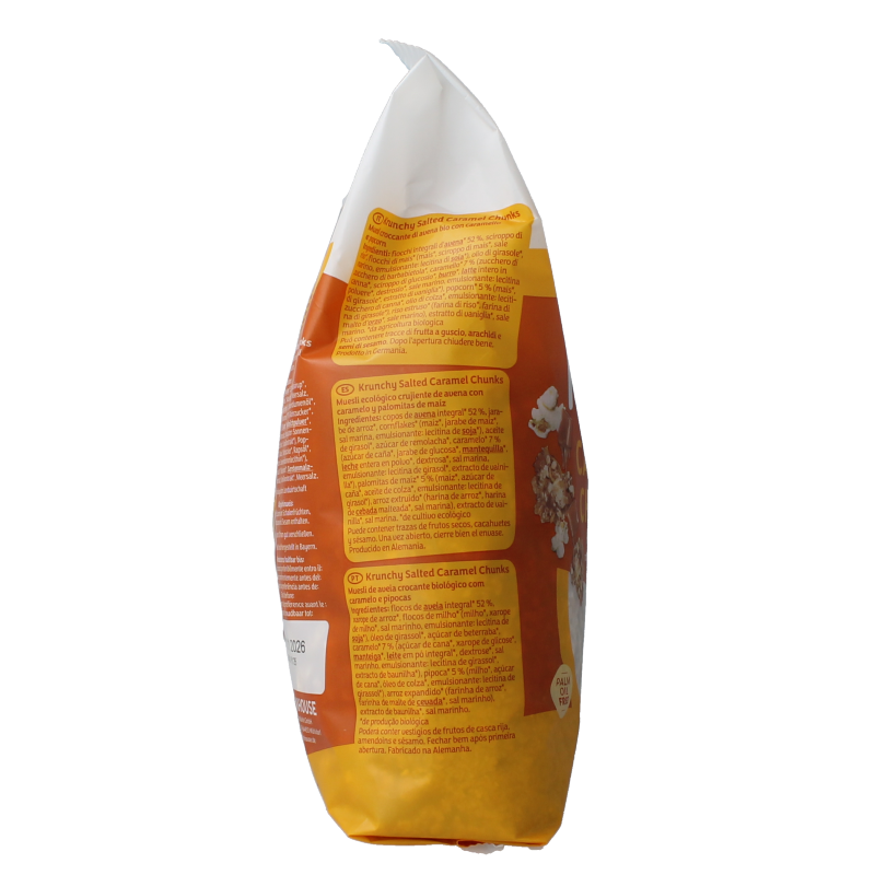 Barnhouse bio caramel granola in a 500g package, natural breakfast grains with caramel flavor, ready to serve.