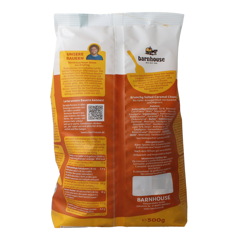 Barnhouse organic caramel granola in a 500g package, showing crunchy oat clusters and caramel flavor for breakfast.