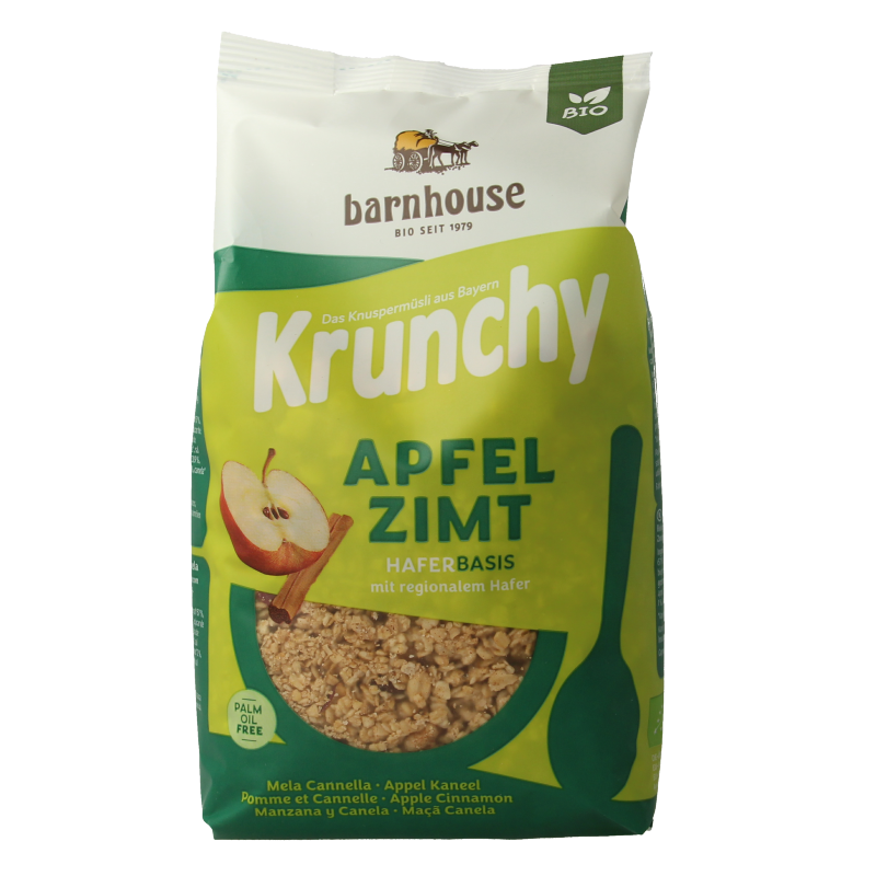 Barnhouse Krunchy Appel Kaneel bio breakfast cereal in 375g package, featuring crunchy oats with apple and cinnamon flavor.