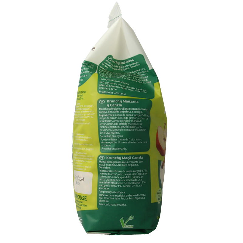 Barnhouse Krunchy appel kaneel bio ontbijtgranen in 375g box, showing the cereal with apple and cinnamon flavor.