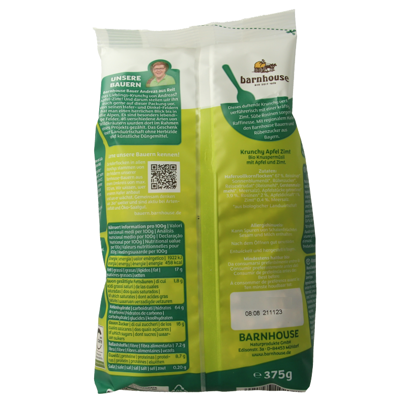 Barnhouse Krunchy appel kaneel bio breakfast cereal in a 375g box, featuring apple and cinnamon flavor with crunchy texture.