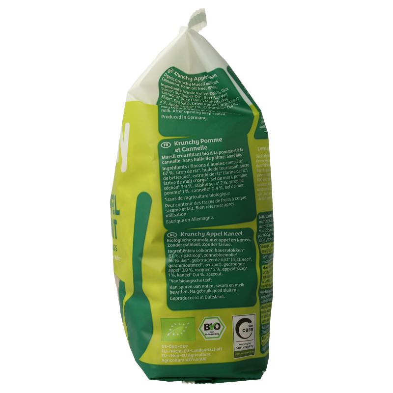 Barnhouse Krunchy appel kaneel bio breakfast cereal in 375g package, showing crunchy oat flakes with apple and cinnamon flavor.