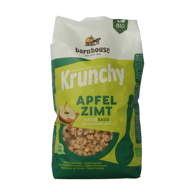 Barnhouse Krunchy Appel Kaneel organic breakfast cereal in a 750g package, featuring crispy grains with apple and cinnamon flavor.
