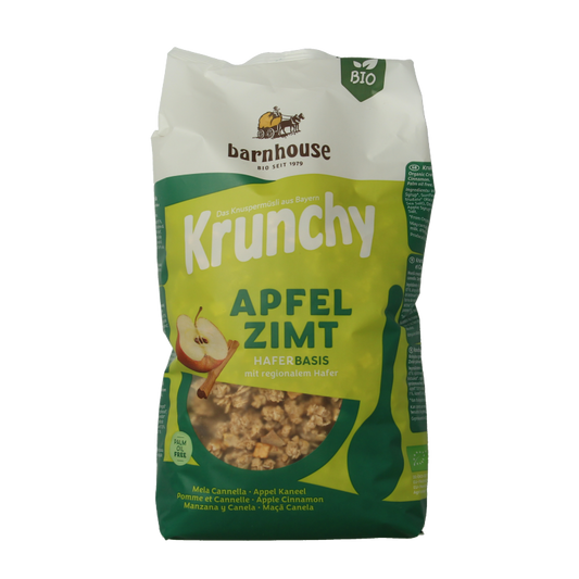 Barnhouse Krunchy Appel Kaneel organic breakfast cereal in a 750g package, featuring crispy grains with apple and cinnamon flavor.