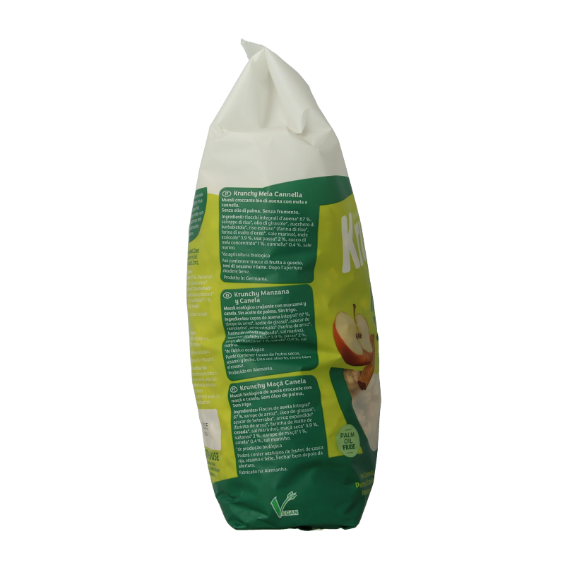Barnhouse Krunchy appel kaneel bio ontbijtgranen in een kom, close-up van de crunchy muesli met stukjes appel en kaneel.