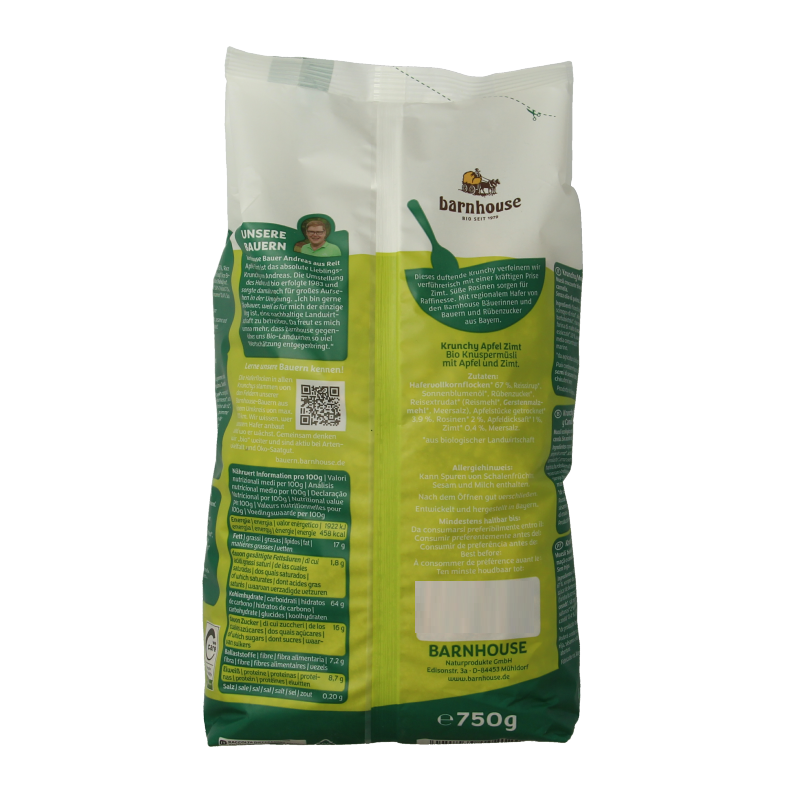 Barnhouse Krunchy appel kaneel bio ontbijtgranen in 750g package, featuring crunchy oats with apple and cinnamon flavors.