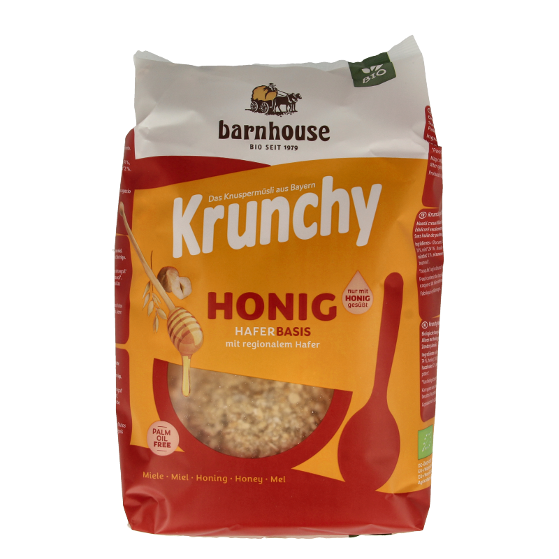 Barnhouse Krunchy Honing bio breakfast cereal in a 600g package, showing the crunchy oat flakes with honey flavor.