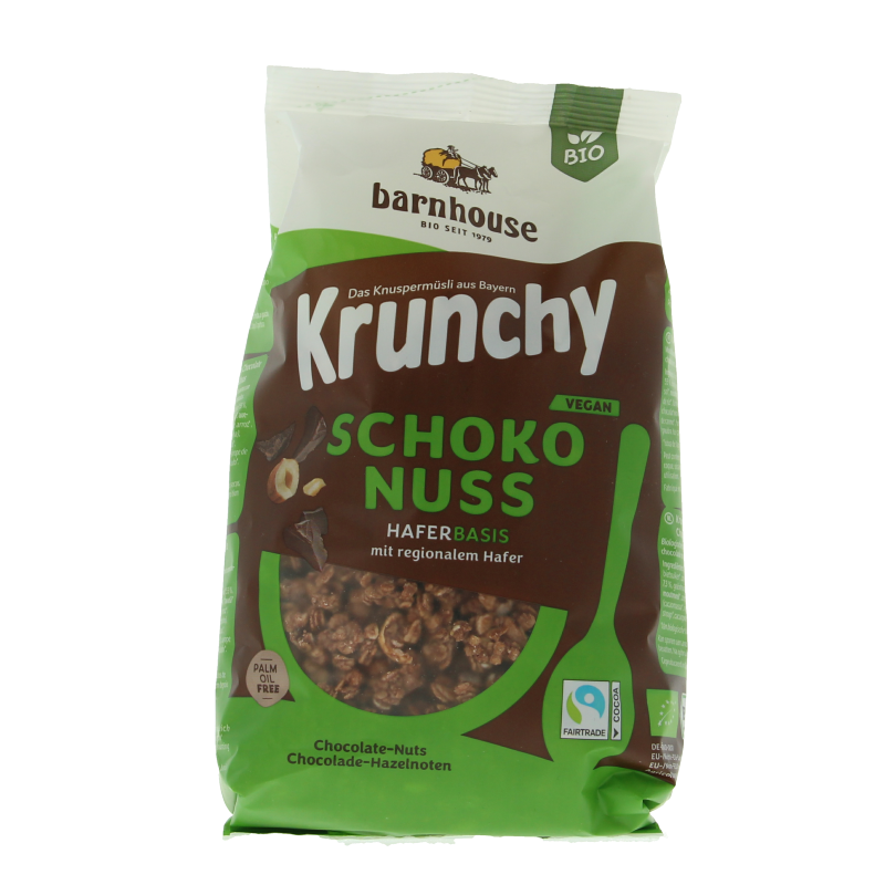 Barnhouse Krunchy Choco Noten organic breakfast cereal in a 375g box with chocolate and nuts, displayed in a close-up image.
