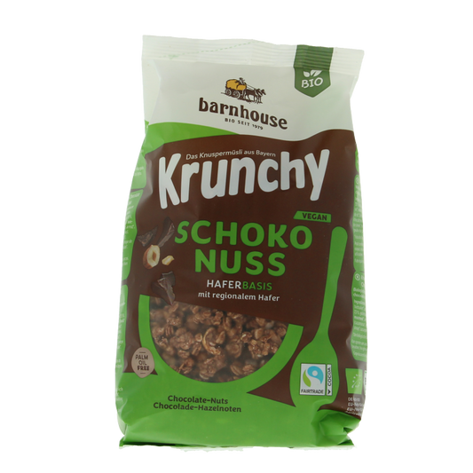 Barnhouse Krunchy Choco Noten organic breakfast cereal in a 375g box with chocolate and nuts, displayed in a close-up image.