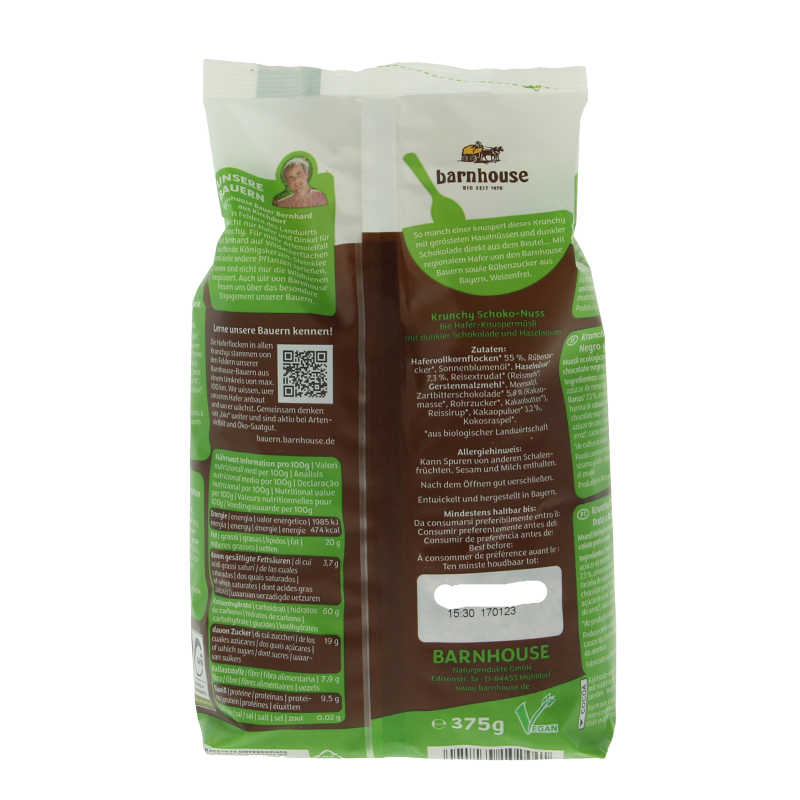 Barnhouse Krunchy Choco Noten bio ontbijtgranen in 375g package with chocolate and nuts, ready to serve as a healthy breakfast.