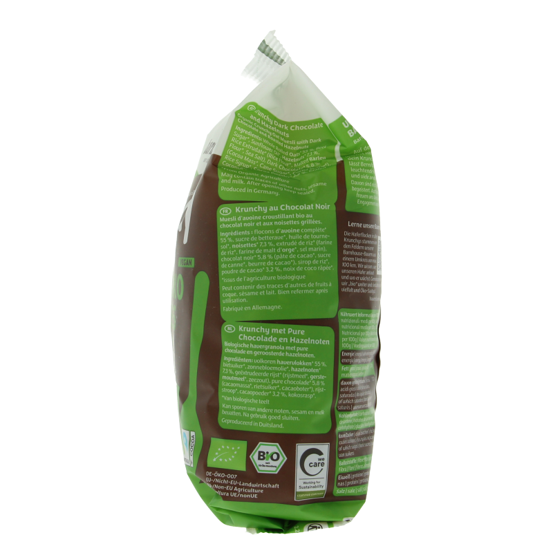 Barnhouse Krunchy Choco Noten bio breakfast cereal in 375g package, featuring chocolate, nuts, and whole grains.
