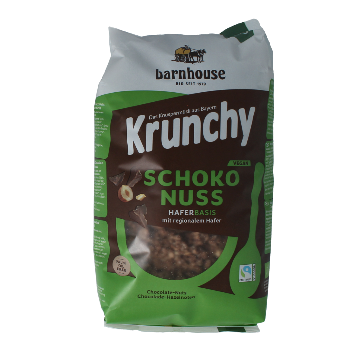 Barnhouse organic chocolate hazelnut muesli in a 750g package, featuring crunchy cereal with chocolate and hazelnuts.