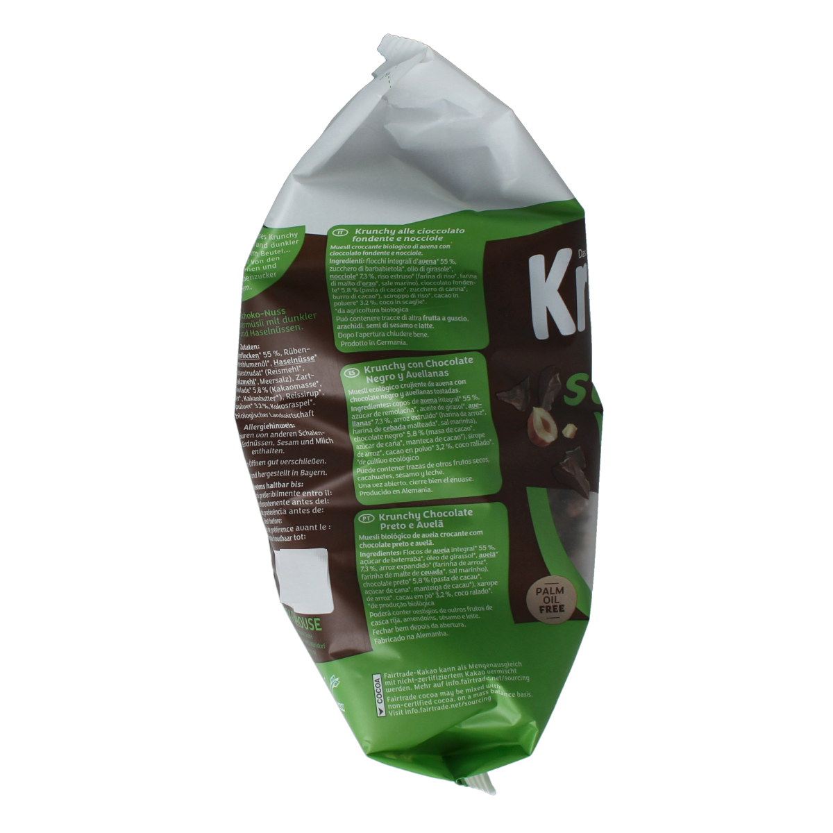 Barnhouse bio chocolade hazelnoot muesli in 750g package, natural breakfast cereal with chocolate and hazelnuts.