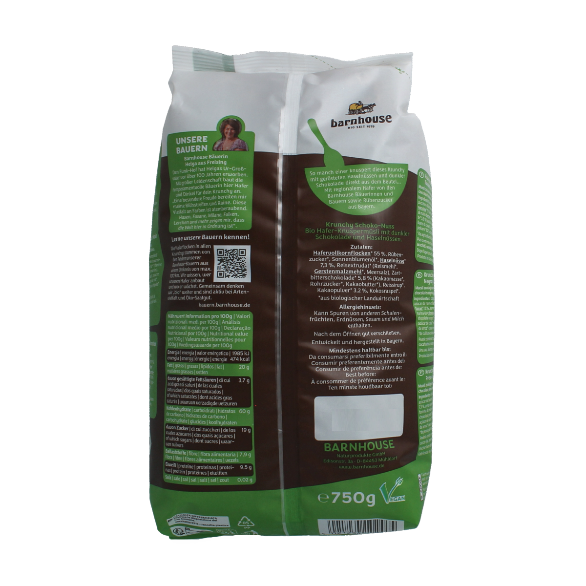 Barnhouse bio chocolade hazelnoot muesli in a 750g package, natural breakfast cereal with chocolate and hazelnuts.