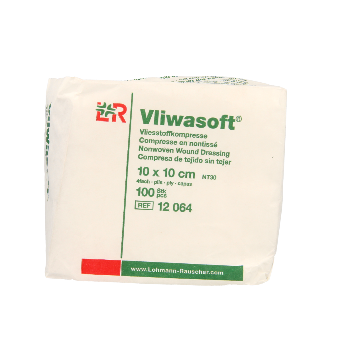 Vliwasoft Vlieskompres 10x10cm 4-laags sterile gauze and compresses for wound care, packed in a box of 100 pieces.
