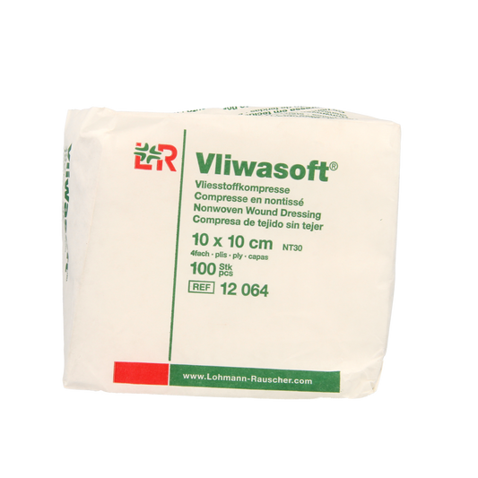 Vliwasoft Vlieskompres 10x10cm 4-laags sterile gauze and compresses for wound care, packed in a box of 100 pieces.