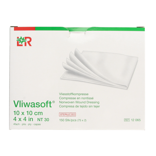 Vliwasoft Vlieskompres 10x10cm 4-laags sterile gauze and compresses, 75x2 packs, ideal for wound dressing and medical use