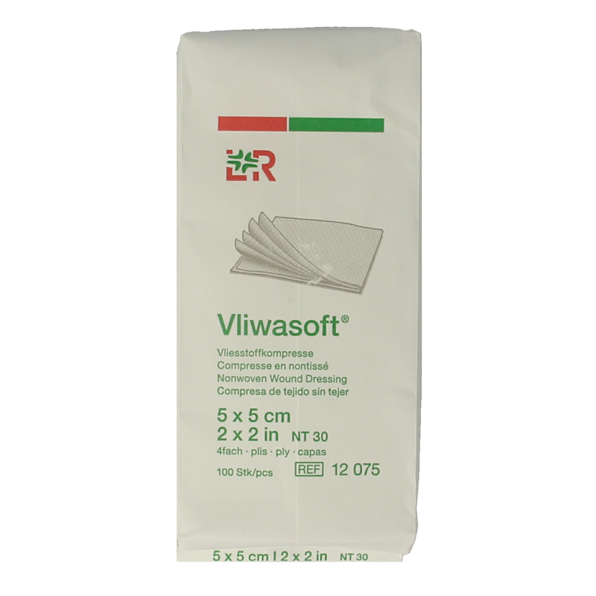 Vliwasoft Vlieskompres 5x5cm 4-laags sterile gauze and compress pack, 100 pieces for wound care.