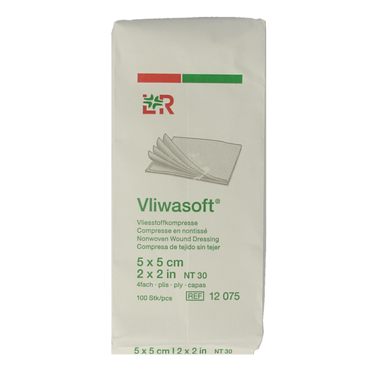 Vliwasoft Vlieskompres 5x5cm 4-laags sterile gauze and compress pack, 100 pieces for wound care.