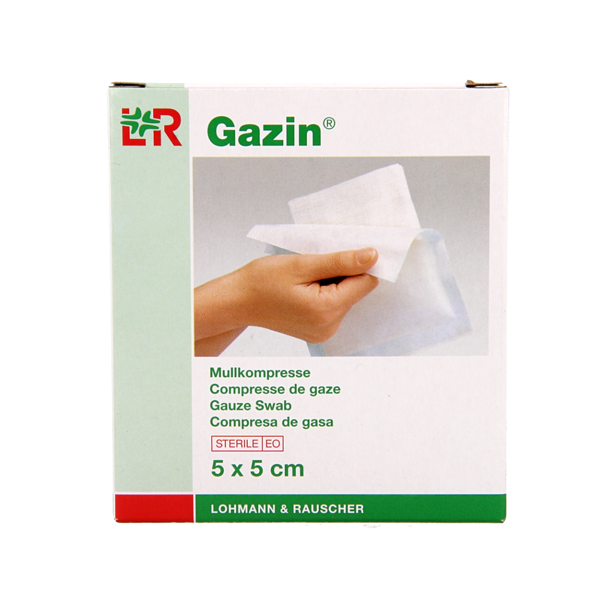 Sterile Gazin 5x5cm gauze compresses, pack of 10, for wound dressing and medical use.