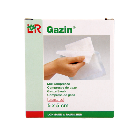 Sterile Gazin 5x5cm gauze compresses, pack of 10, for wound dressing and medical use.