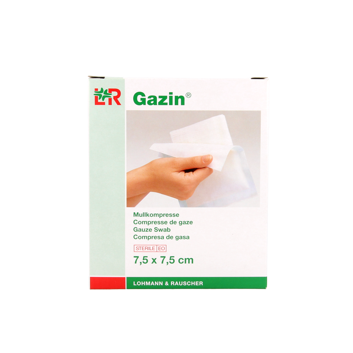 Sterile Gazin Gaaskompres 7.5 x 7.5 cm, pack of 10, used for wound care and medical dressing applications.