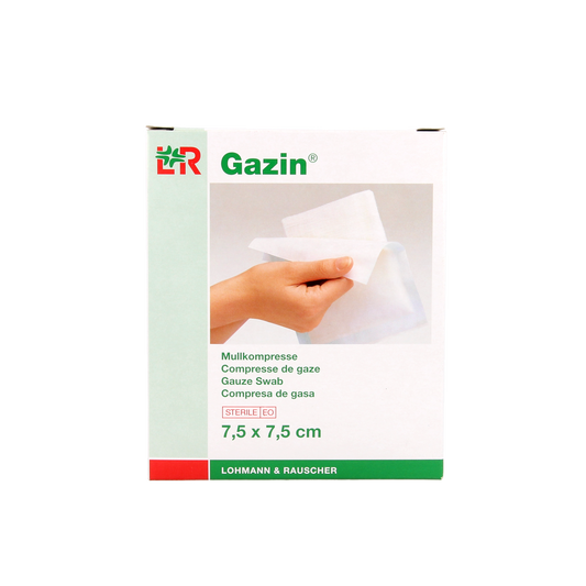Sterile Gazin Gaaskompres 7.5 x 7.5 cm, pack of 10, used for wound care and medical dressing applications.