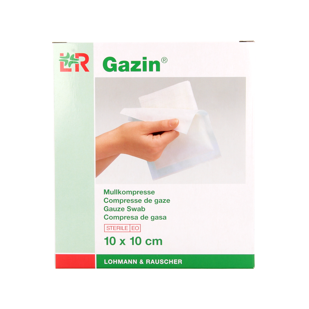 Sterile Gazin Gaaskompres 10x10 cm, pack of 10, soft cotton wound dressings for medical use.