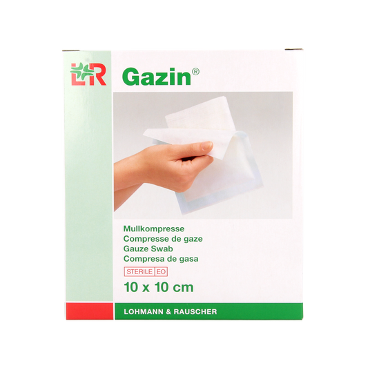 Sterile Gazin Gaaskompres 10x10 cm, pack of 10, soft cotton wound dressings for medical use.