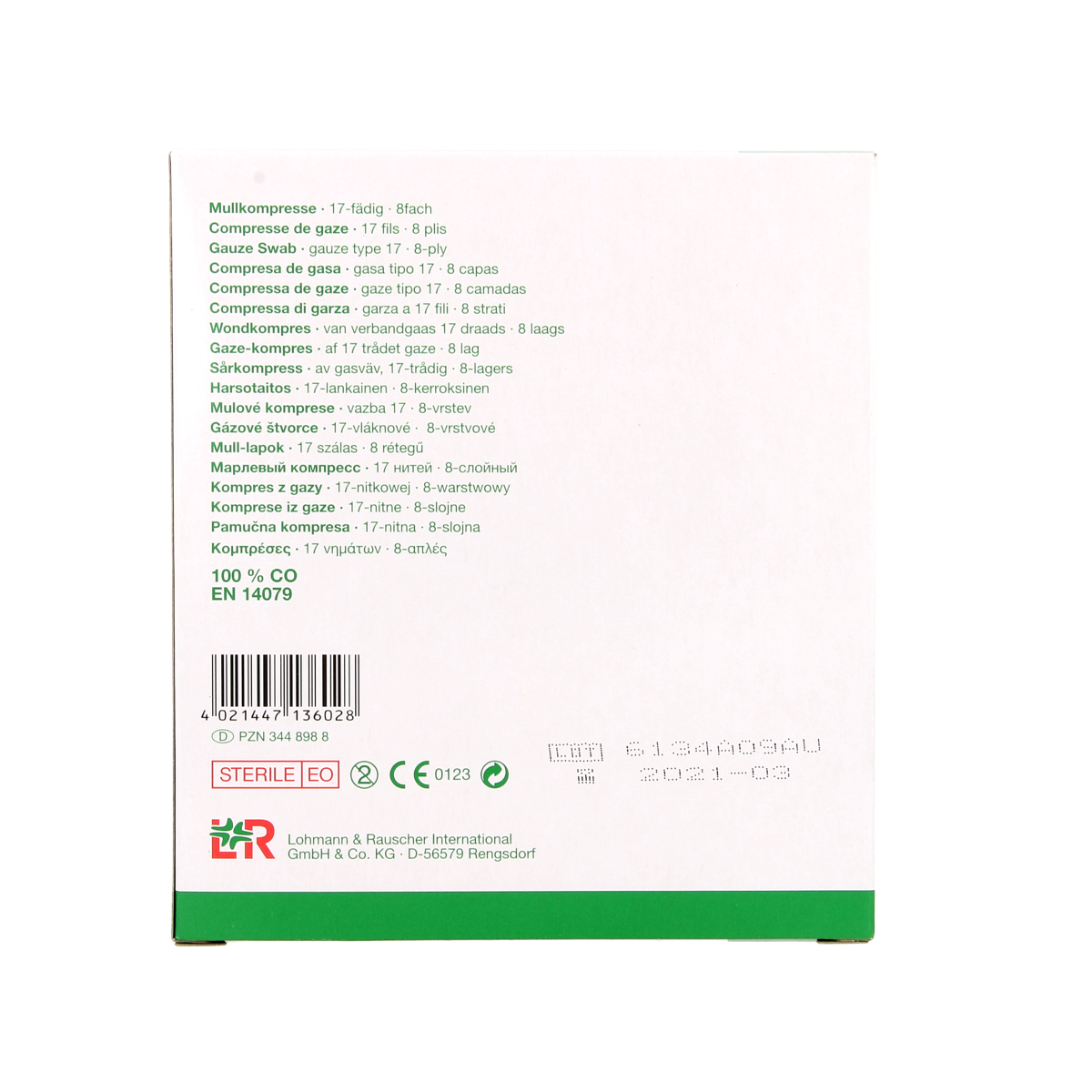 Sterile Gazin Gaaskompres 10x10 cm, pack of 10 sterile gauze compresses for wound care, shown in the image.