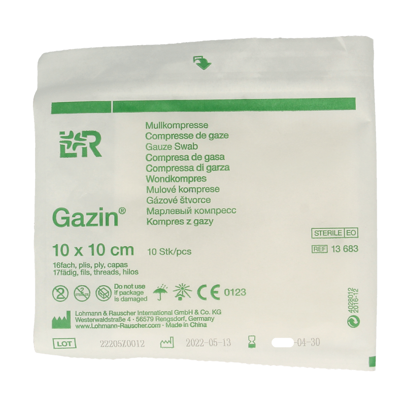 Sterile Gazin gauze compresses, 10 x 10cm, pack of 10, soft medical dressings for wound care.