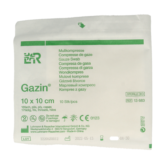 Sterile Gazin gauze compresses, 10 x 10cm, pack of 10, soft medical dressings for wound care.