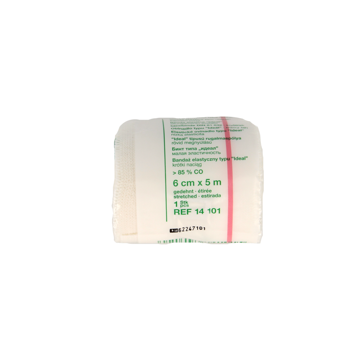 Lohmann & Rauscher Ideaalwindsel 5m x 6cm white bandage for quick wound dressing and compression, shown fully extended.