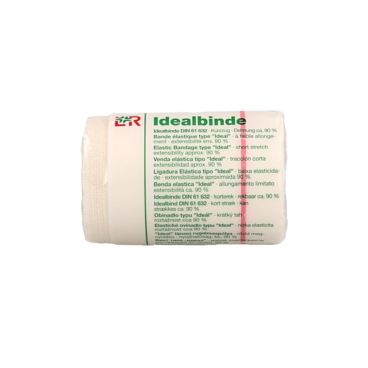Lohmann&Rauscher Ideaalwindsel in white, 5m x 8cm, sterile wound dressing bandage rolled up on a clean surface.