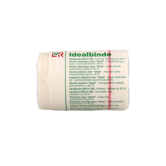 Lohmann&Rauscher Ideaalwindsel in white, 5m x 8cm, sterile wound dressing bandage rolled up on a clean surface.