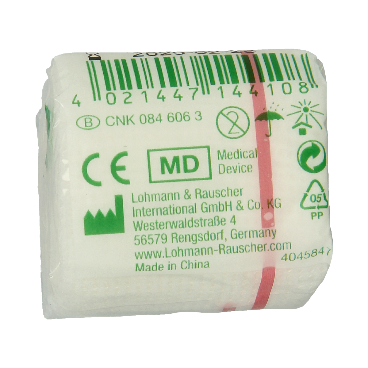 Elastic hydrofiel bandage by Mollelast, 4m x 4cm, shown rolled out for wound dressing or support.
