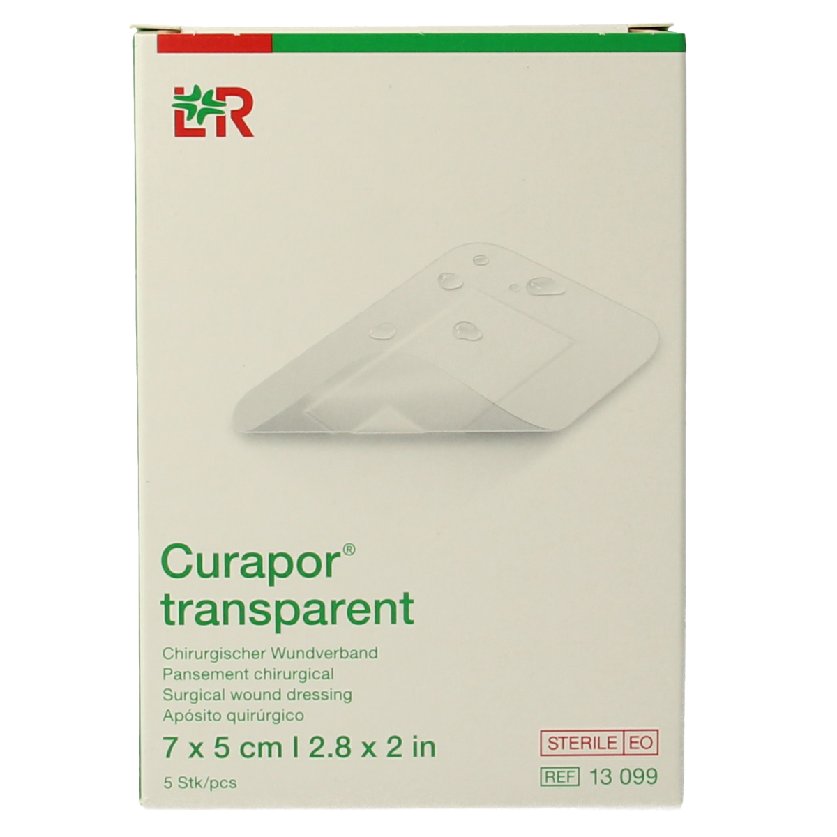 Sterile Curapor transparent adhesive bandages, 7x5cm, shown in a box with five pieces, ideal for wound care.