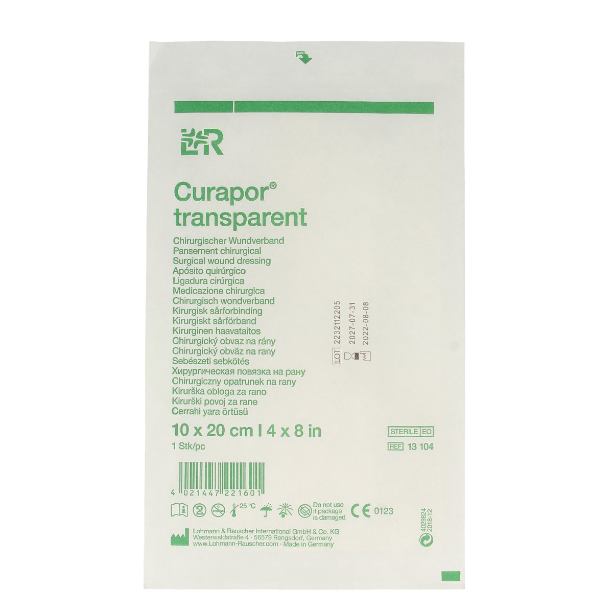 Transparent Curapor Wondverband sterile dressing, 10x20cm, used for wound care, from Curapor brand.