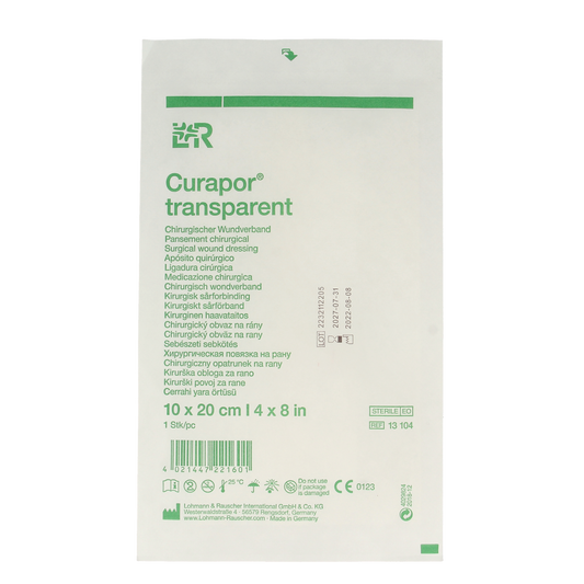 Transparent Curapor Wondverband sterile dressing, 10x20cm, used for wound care, from Curapor brand.
