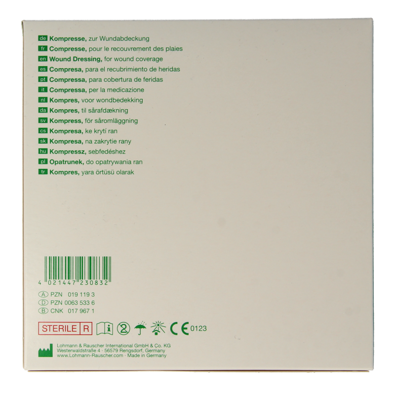 Lohmann&Rauscher Metalline 8x10cm gauze and compresses, set of 10 sterile medical dressings on a white background.