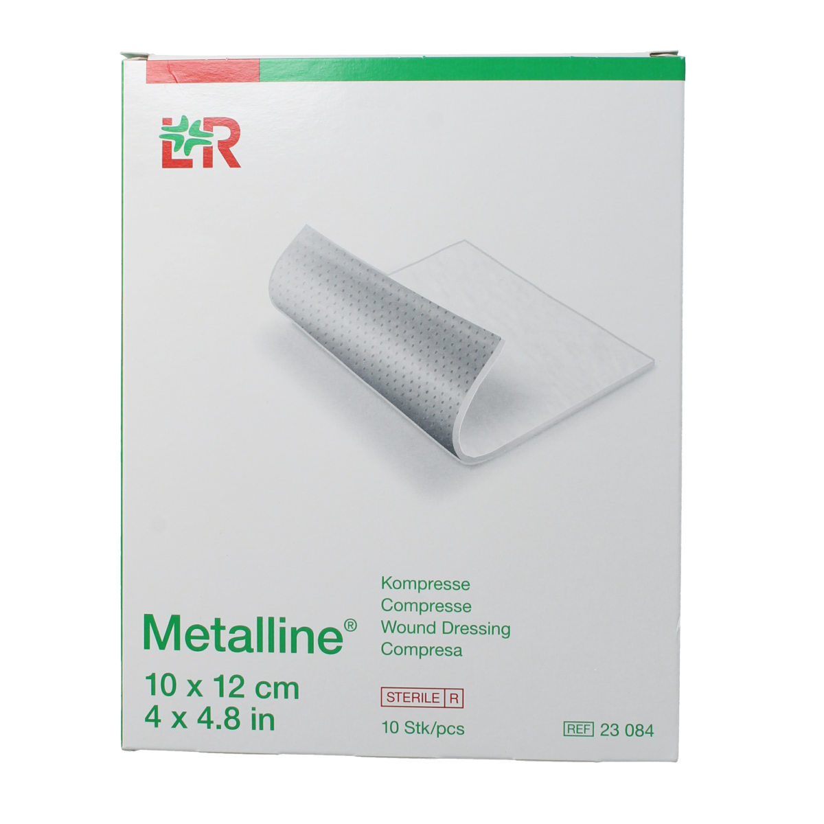 Lohmann&Rauscher Metalline 10x12cm gauze and compresses, sterile medical dressings, 10-pack, shown in the image.