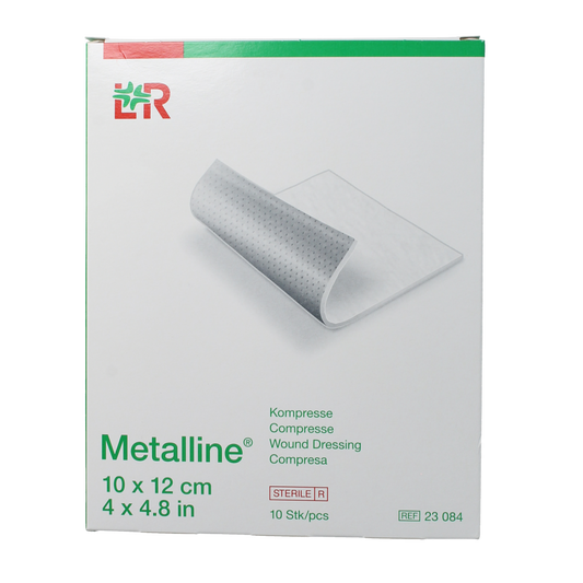 Lohmann&Rauscher Metalline 10x12cm gauze and compresses, sterile medical dressings, 10-pack, shown in the image.