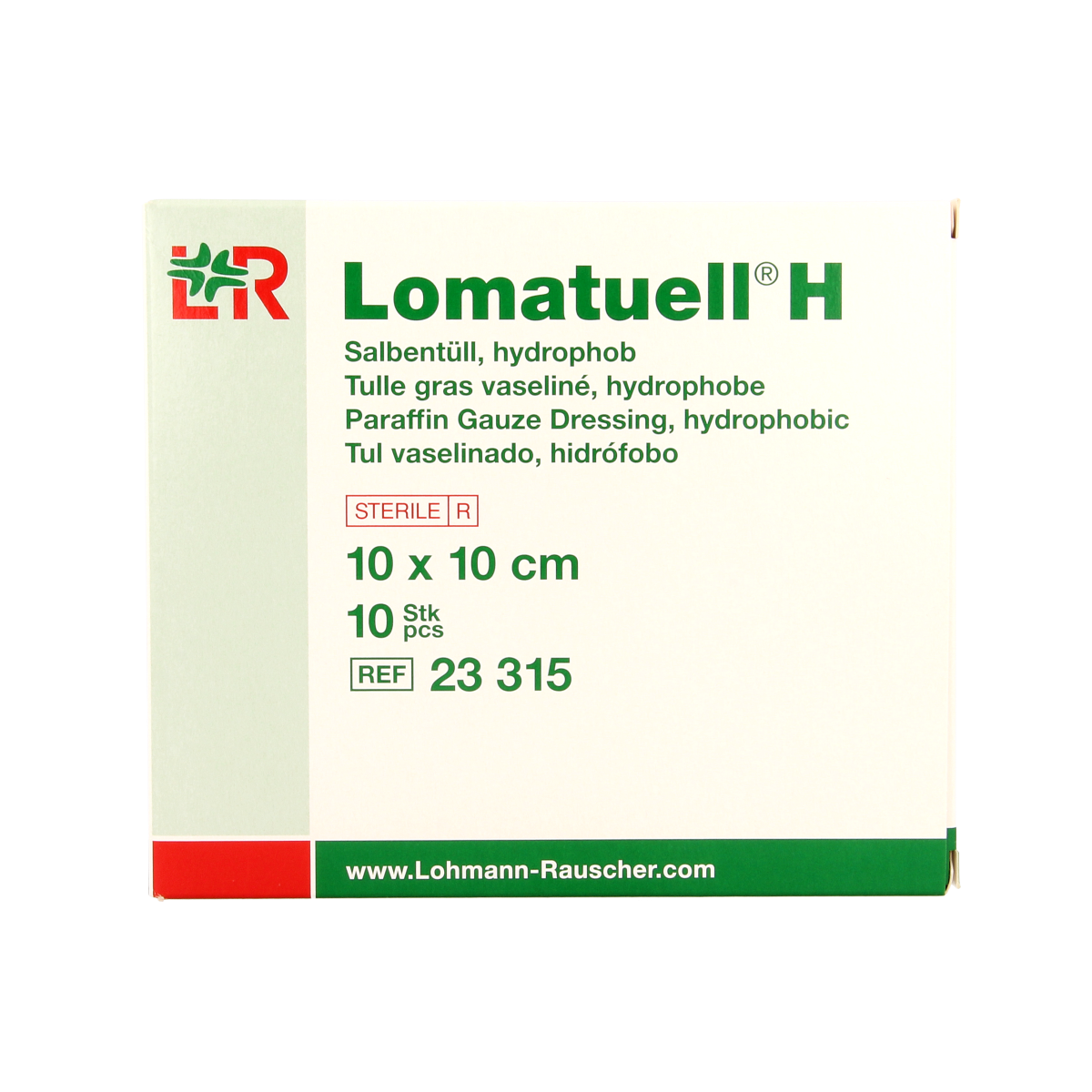 Lomatuell H gauze bandages 10cm x 10cm in a pack of 10, sterile gauze and compresses for wound care, branded Lomatuell.