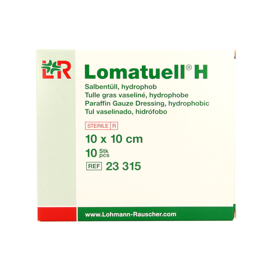Lomatuell H gauze bandages 10cm x 10cm in a pack of 10, sterile gauze and compresses for wound care, branded Lomatuell.