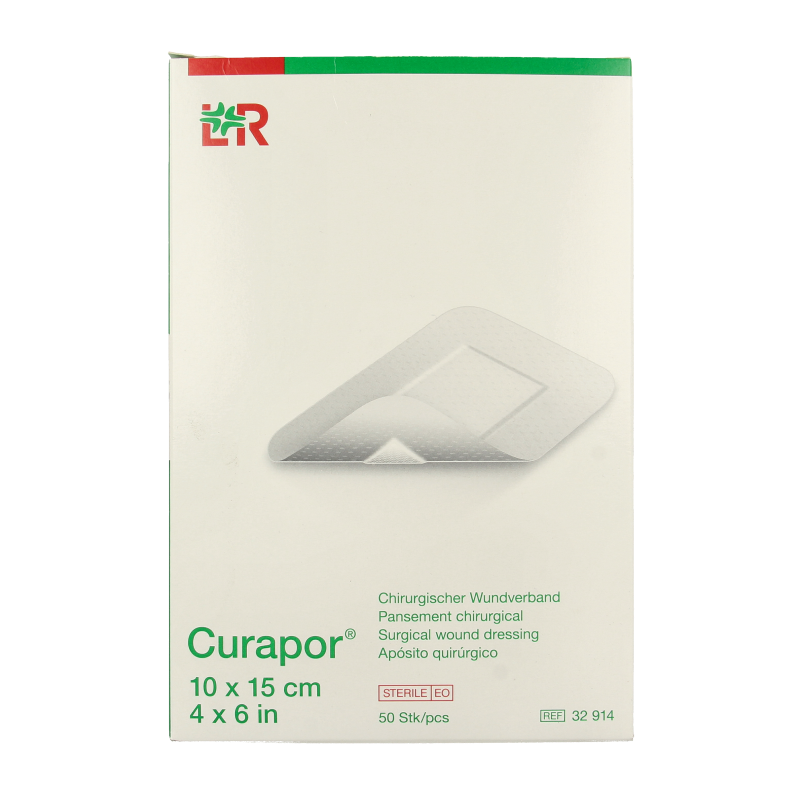 Sterile Curapor Wondpleister 10x15cm pack with 50 adhesive bandages for wound care and protection.