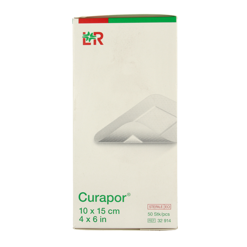 Sterile Curapor Wondpleister 10x15cm pack with 50 adhesive bandages for wound care and protection.